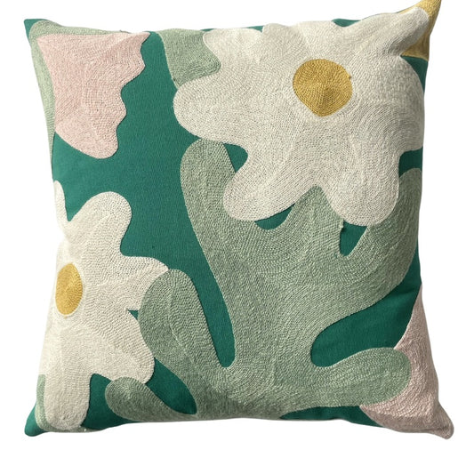 Ricamo Flower Cushion with Inner Pink, Mustard & Sage