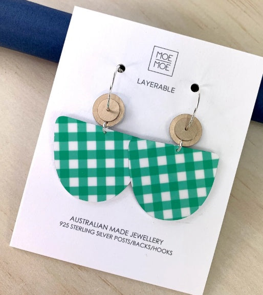 Gingham Emerald Organic Bell Circles Hoop Earrings